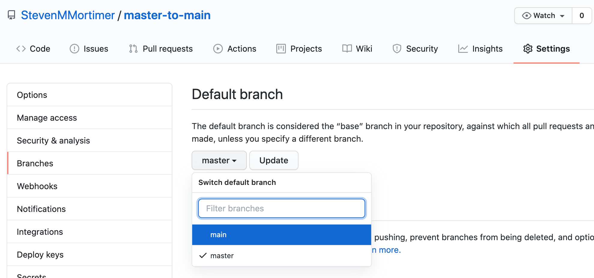 How do I change the default branch in GitHub?